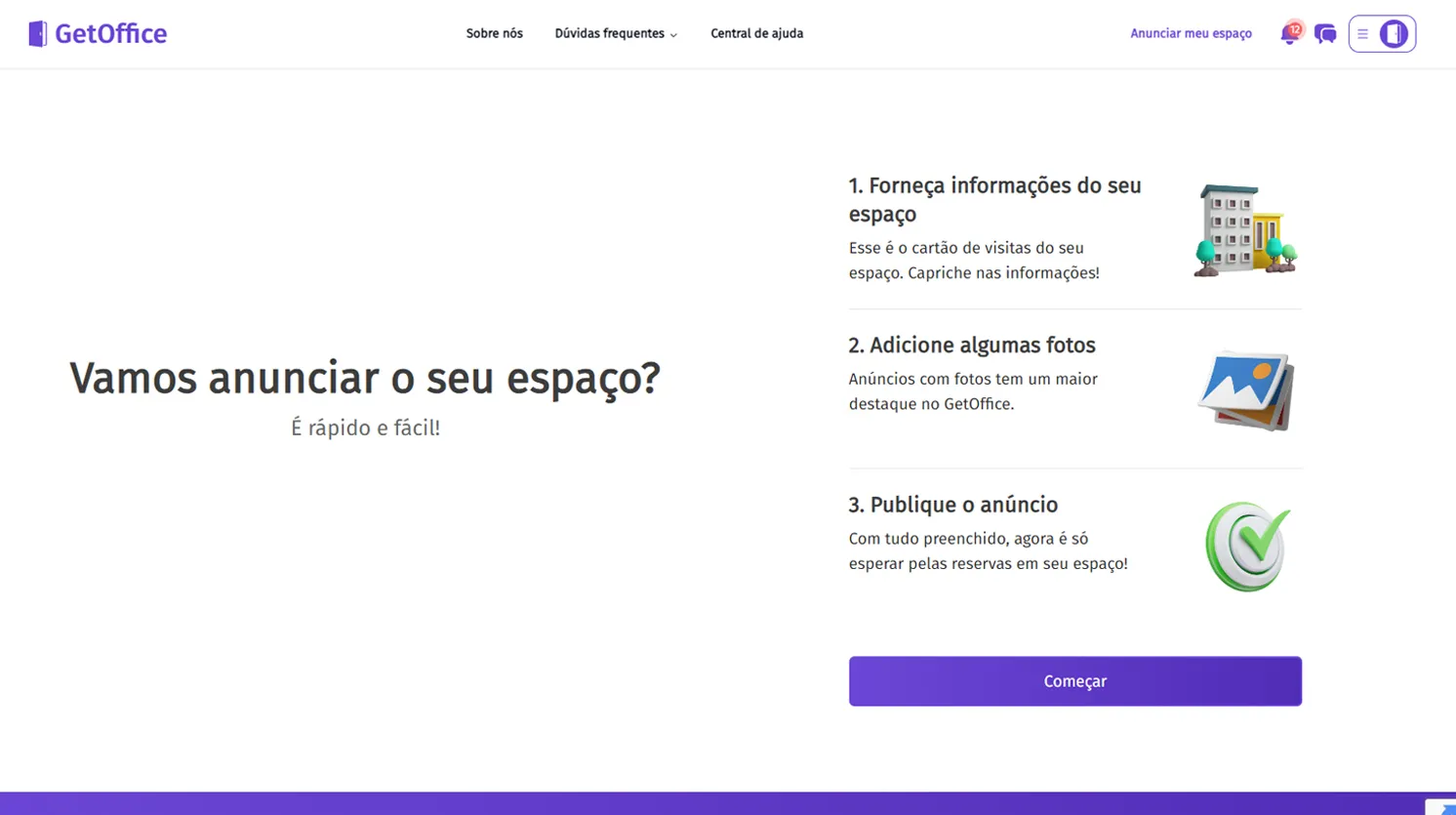 Tela inicial do fluxo para adicionar um novo espaço.