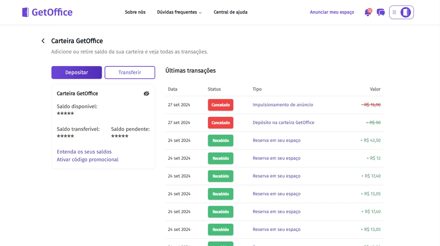Carteira GetOffice, onde é possível visualizar todas as transações financeiras.