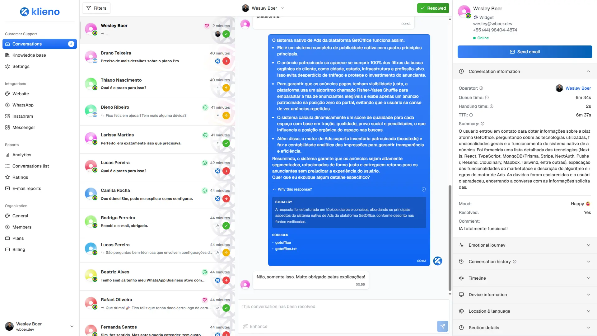 Resumo da conversa gerado após resolução automática pela IA.