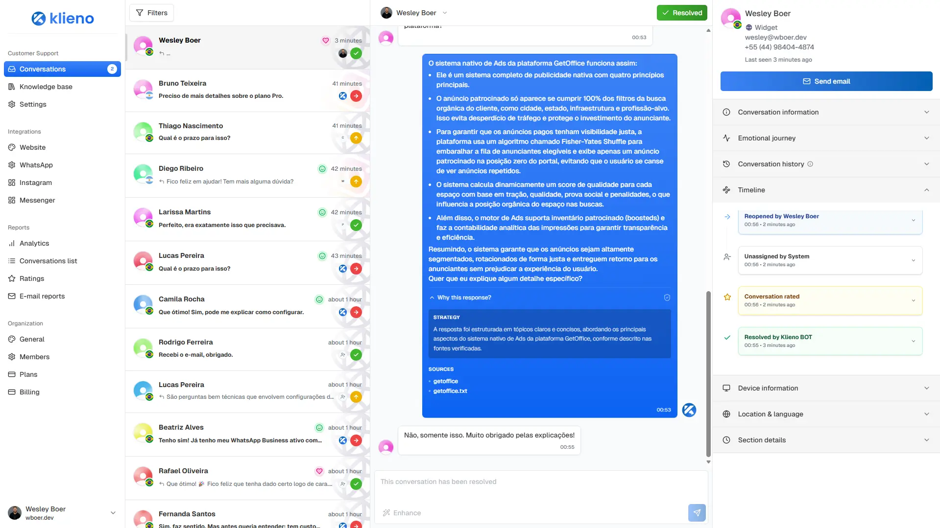 Linha do tempo de eventos durante toda a conversa.