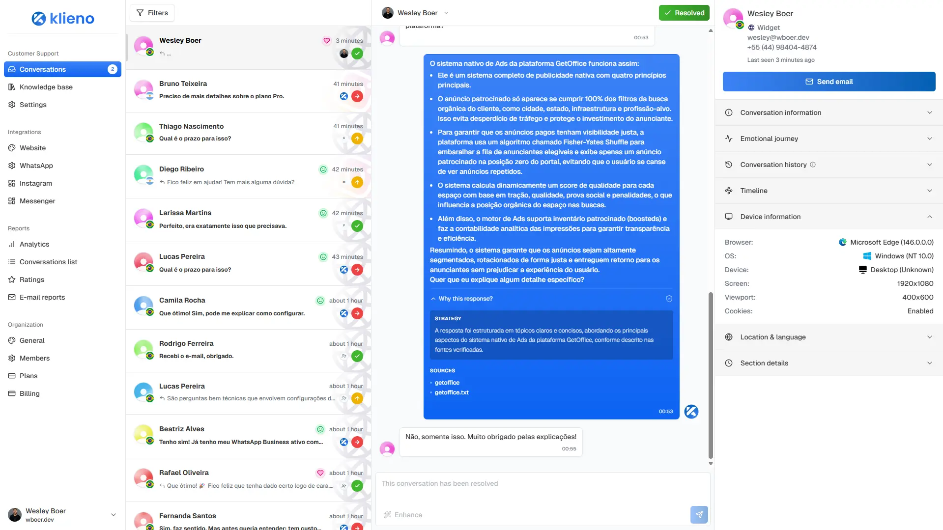 Informações de dispositivo do usuário.